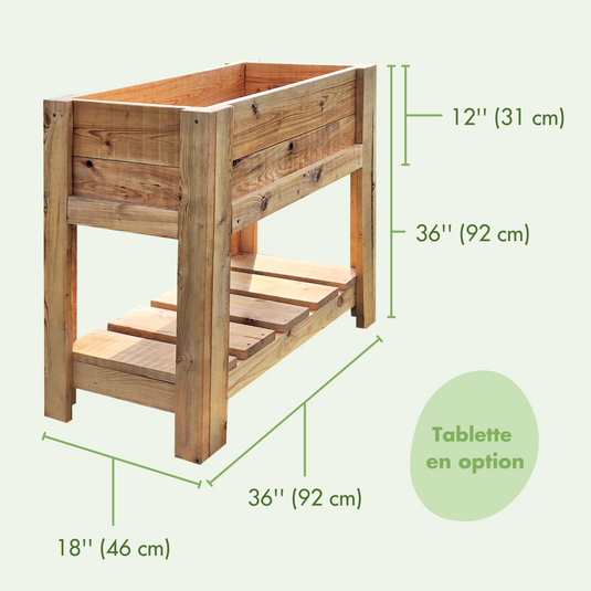 Mesures du bac à jardinage ou jardinière pour balcon en bois avec tablette en option